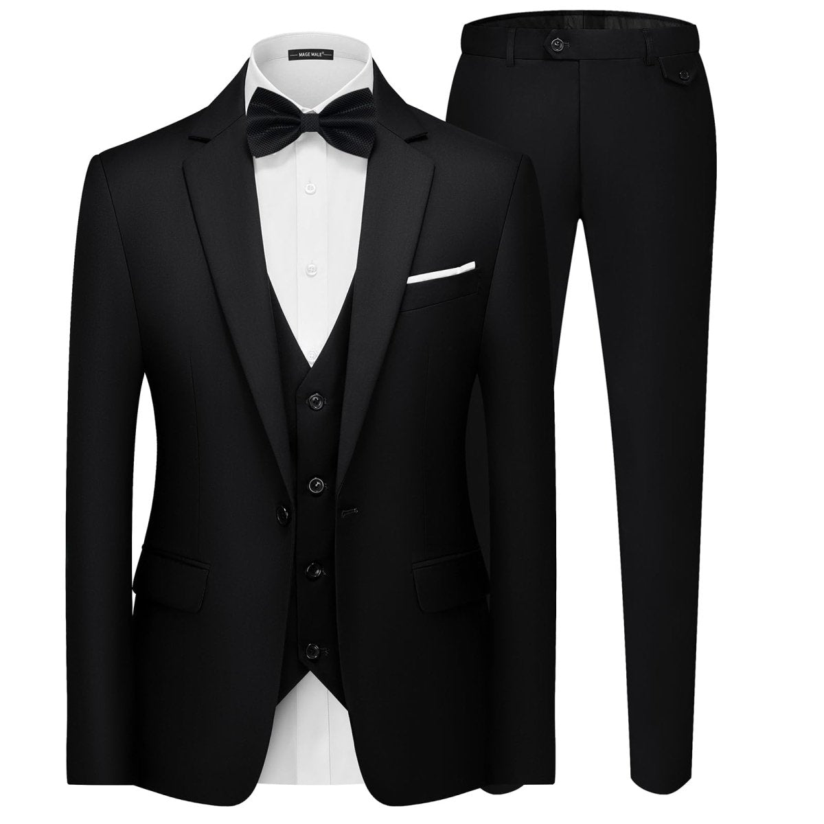 Black men's 3-piece slim fit suit with single-button blazer, vest, and pants, featuring a modern, elegant design.
