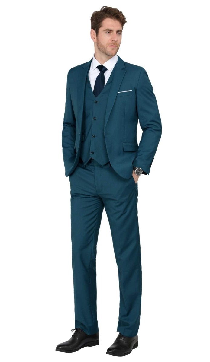 Black men's 3-piece slim fit suit with single-breasted blazer, vest, and pants, featuring a modern, elegant look from SHOWLU FASHION STORE.