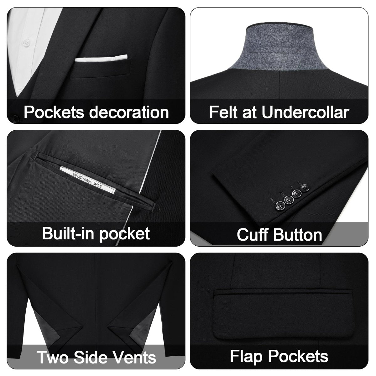 Men's black 3-piece slim fit suit from SHOWLU FASHION STORE, including single-breasted blazer, vest, and tailored pants.