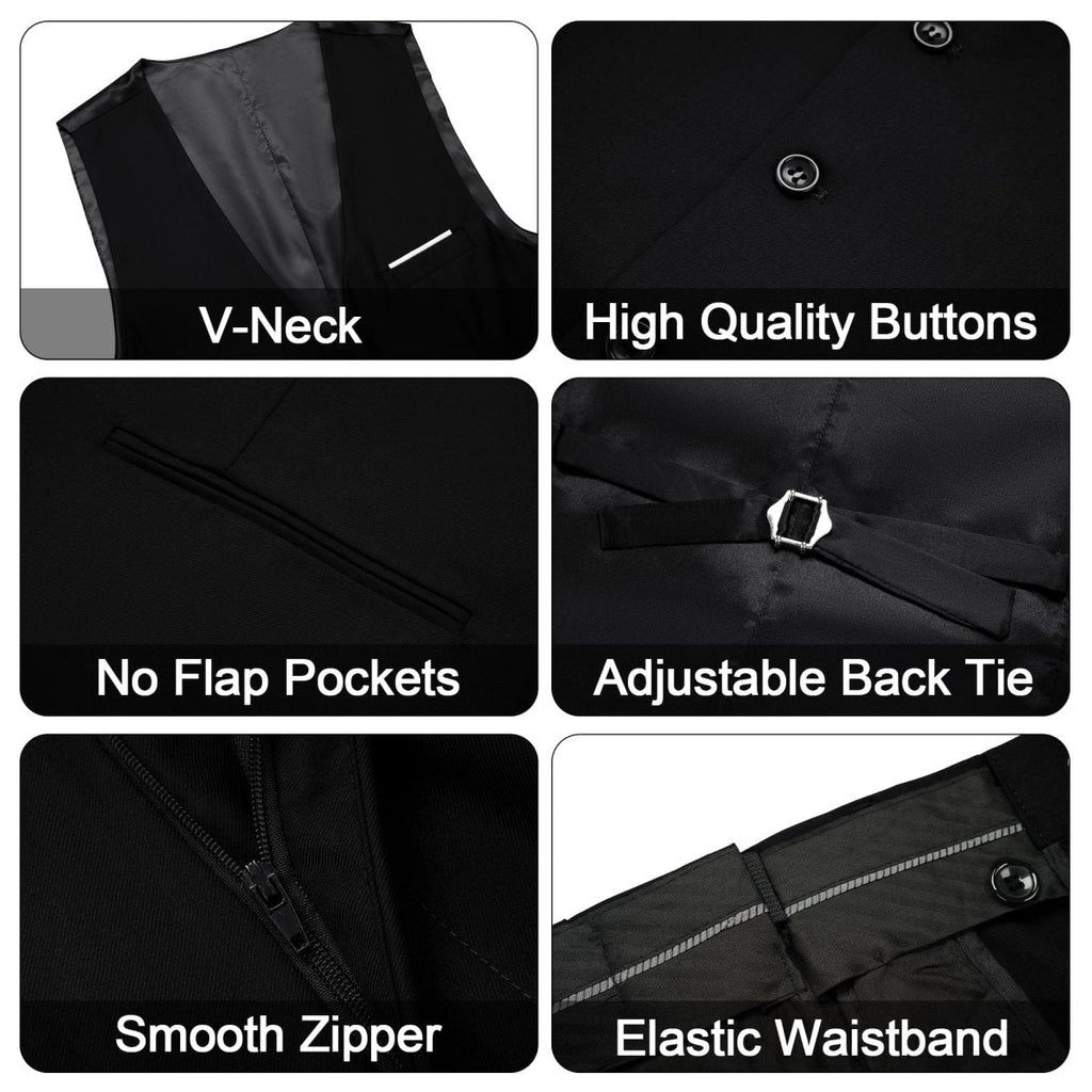 Men's black 3-piece slim fit suit with single-breasted blazer, vest, and pants, featuring a modern, elegant design.