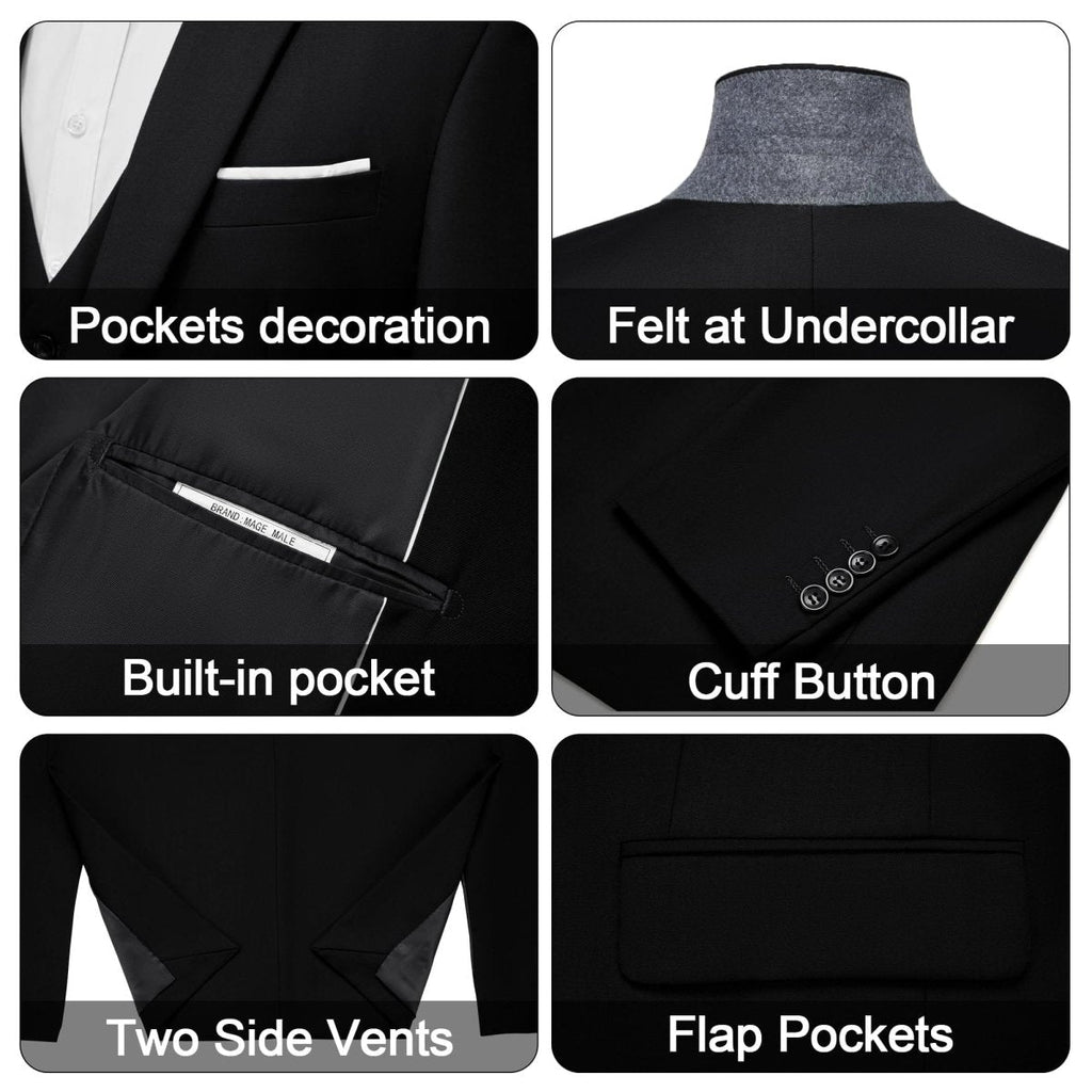 Black men's 3-piece slim fit suit with single-breasted blazer, vest, and pants, featuring a solid design and one-button closure.