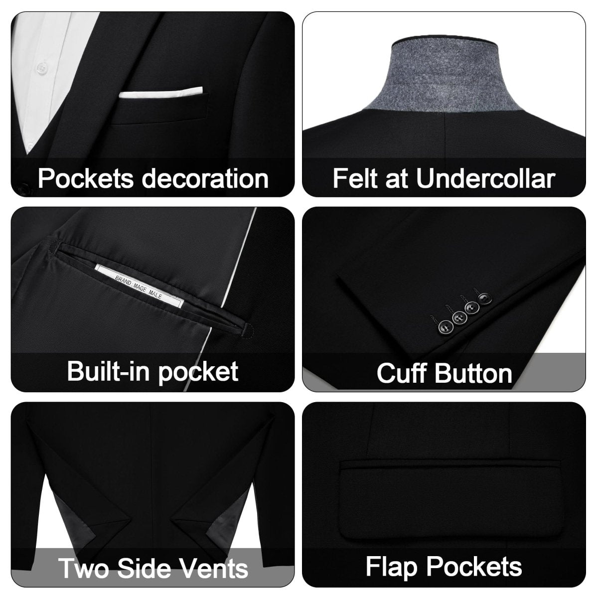 Black men's 3-piece slim fit suit with single-breasted blazer, vest, and pants, featuring a solid design and one-button closure.