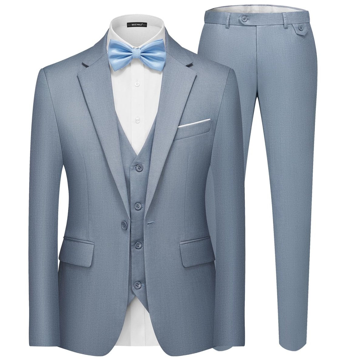 Men's black 3-piece slim fit suit with single-breasted blazer, vest, and pants, stylish and elegant for formal occasions.