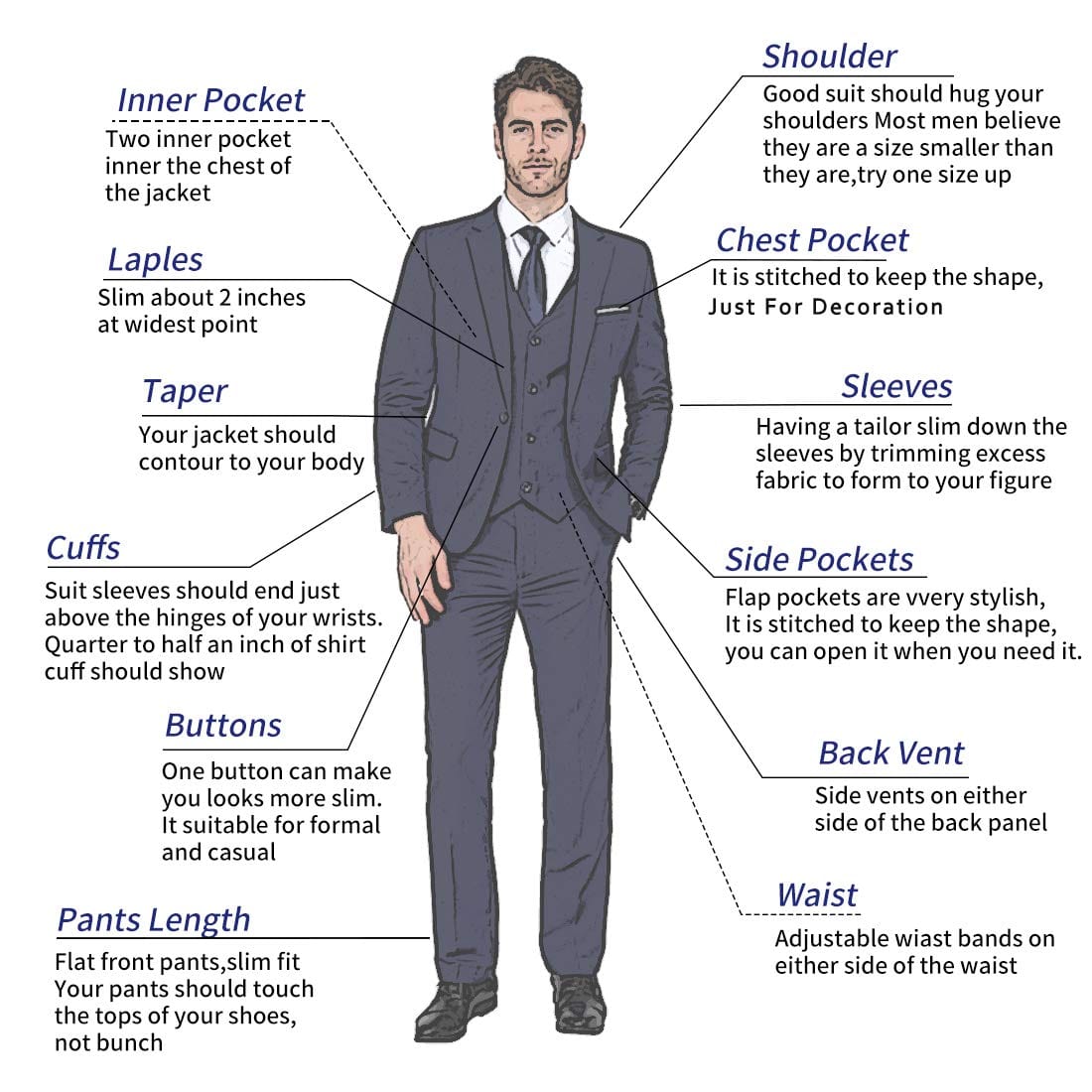 Men's black 3-piece slim fit suit with one-button blazer, vest, and pants, stylish formal wear from SHOWLU FASHION STORE.