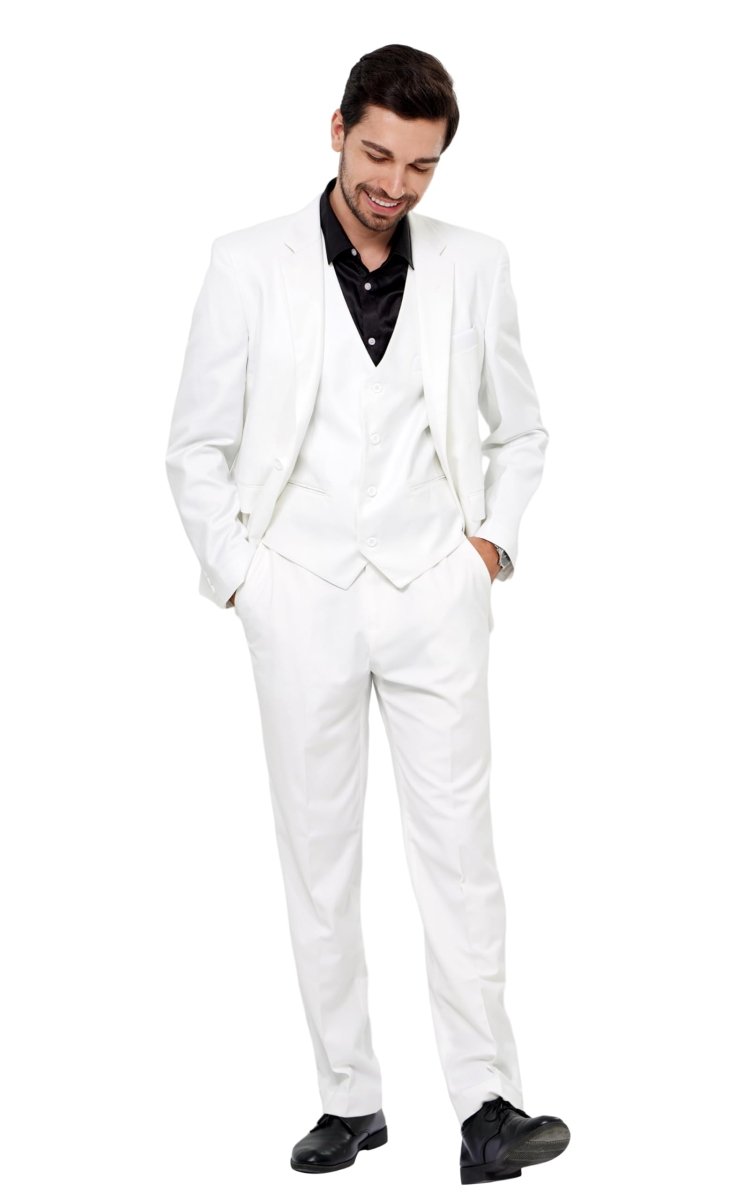 Men's black 3-piece slim fit suit by SHOWLU FASHION STORE, includes blazer, vest, and pants, perfect for formal or party wear.