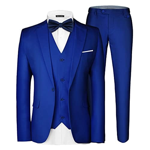 Black men's 3-piece slim fit suit with single-breasted blazer, vest, and pants, featuring a classic elegant design.