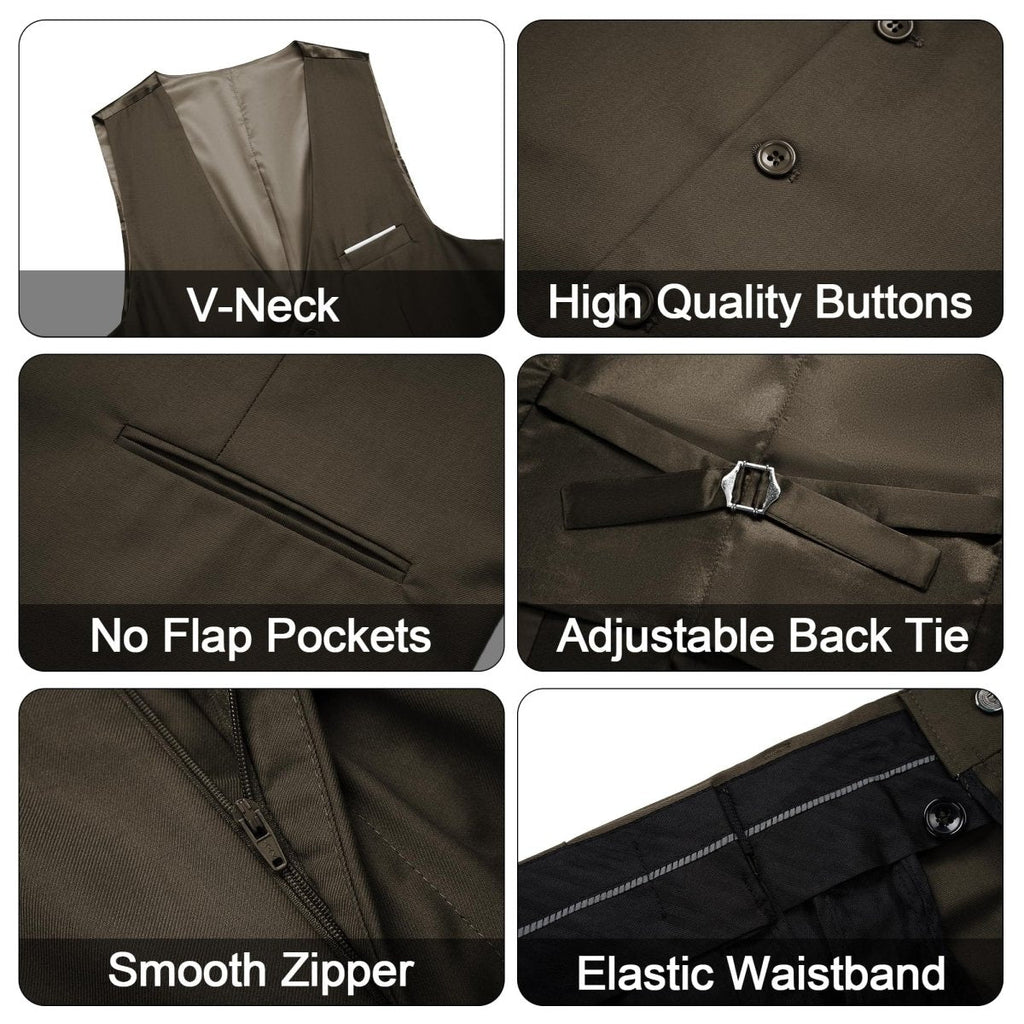 Black men's 3-piece slim fit suit with single-breasted blazer, vest, and pants, featuring a modern, elegant design.