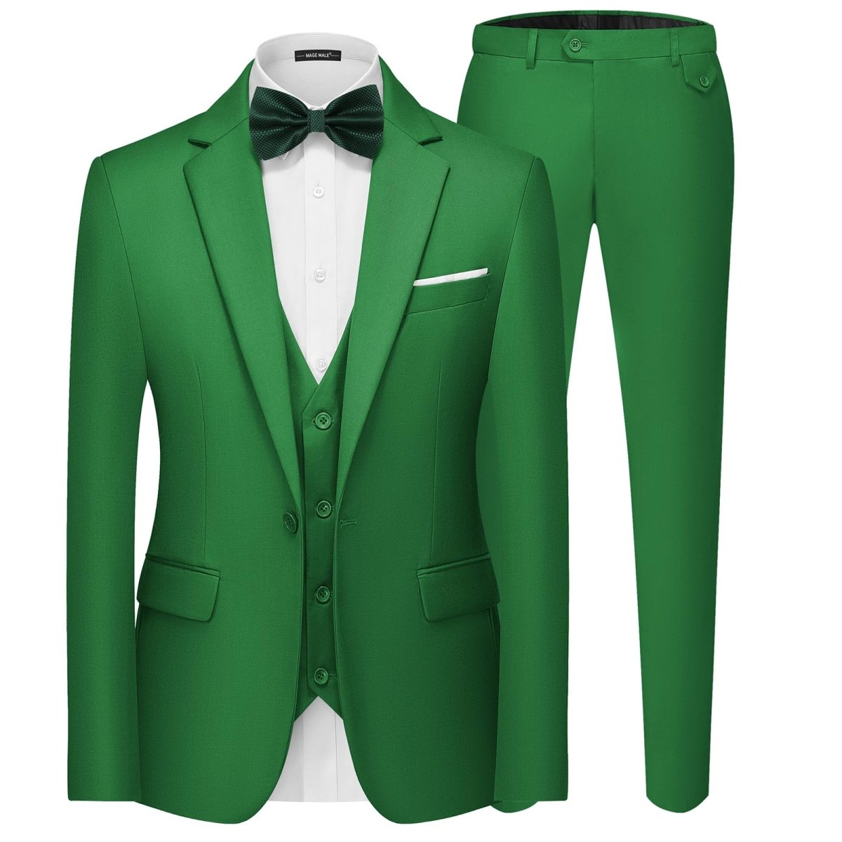 Men's black 3-piece slim fit suit with single-breasted blazer, vest, and pants, featuring a modern elegant design.