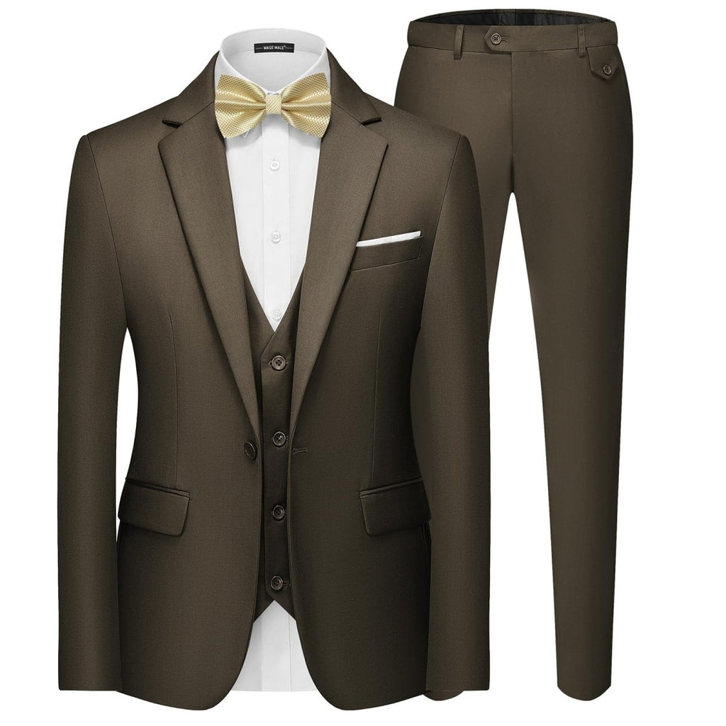 Men's black 3-piece slim fit suit with single-button blazer, vest, and pants, showcasing a stylish, tailored formal look.