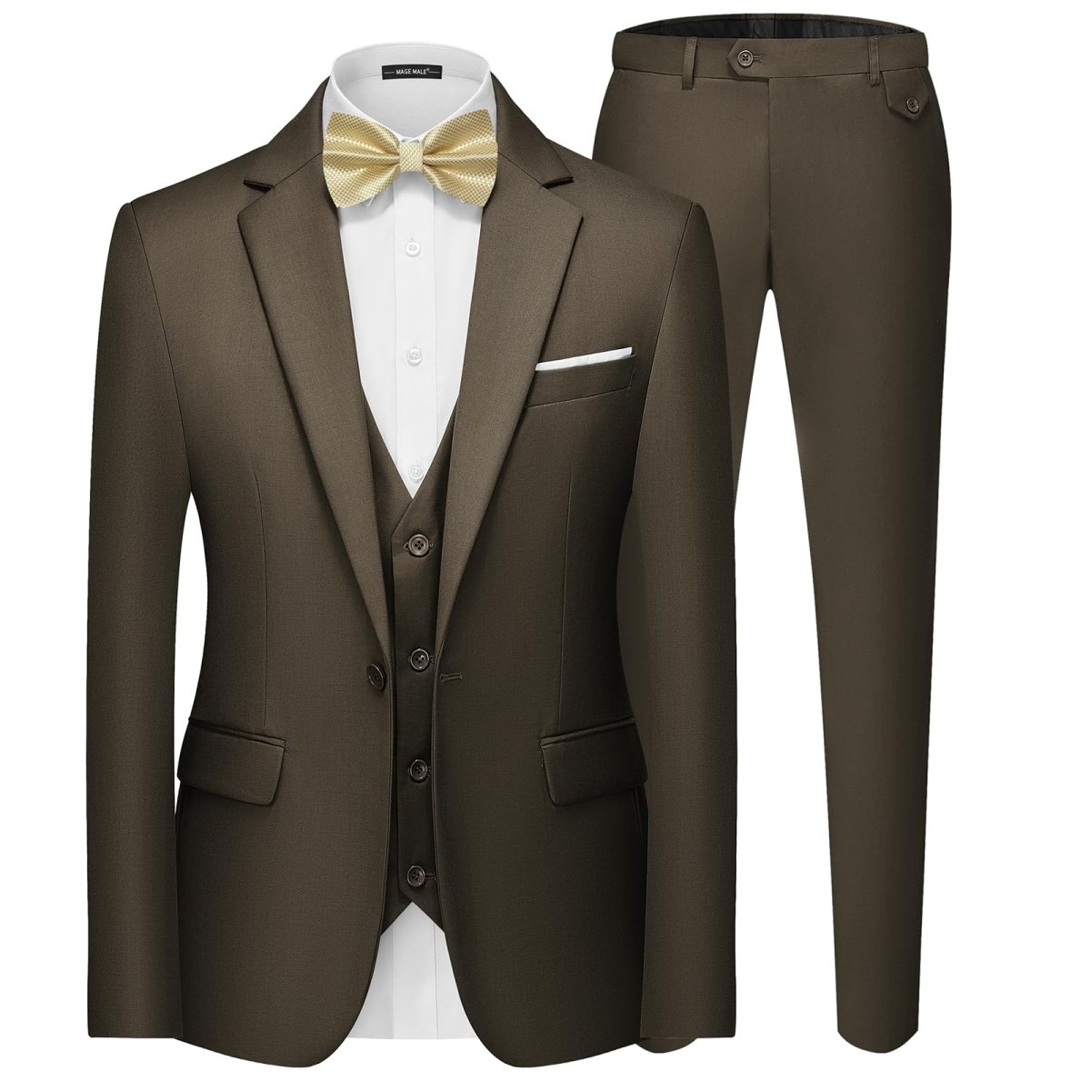 Men's black 3-piece slim fit suit with single-button blazer, vest, and pants, showcasing a stylish, tailored formal look.