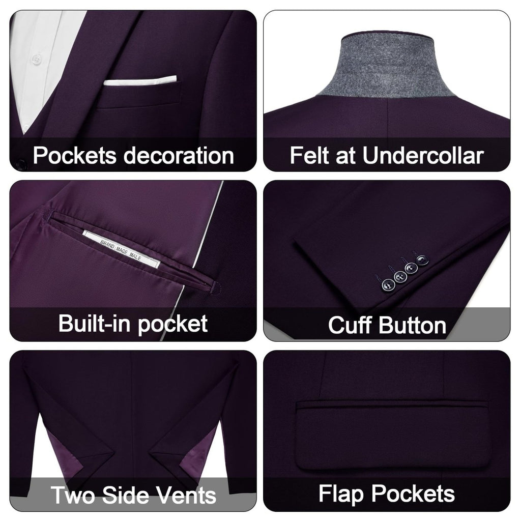 Men's black 3-piece slim fit suit with single-breasted blazer, vest, and pants, featuring a modern, elegant design.