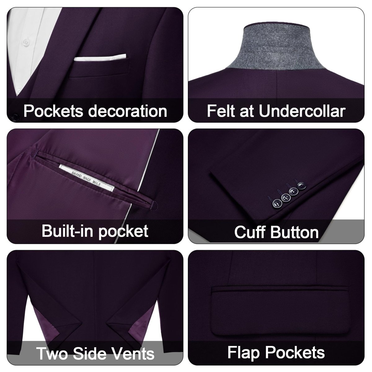 Men's black 3-piece slim fit suit with single-breasted blazer, vest, and pants, featuring a modern, elegant design.