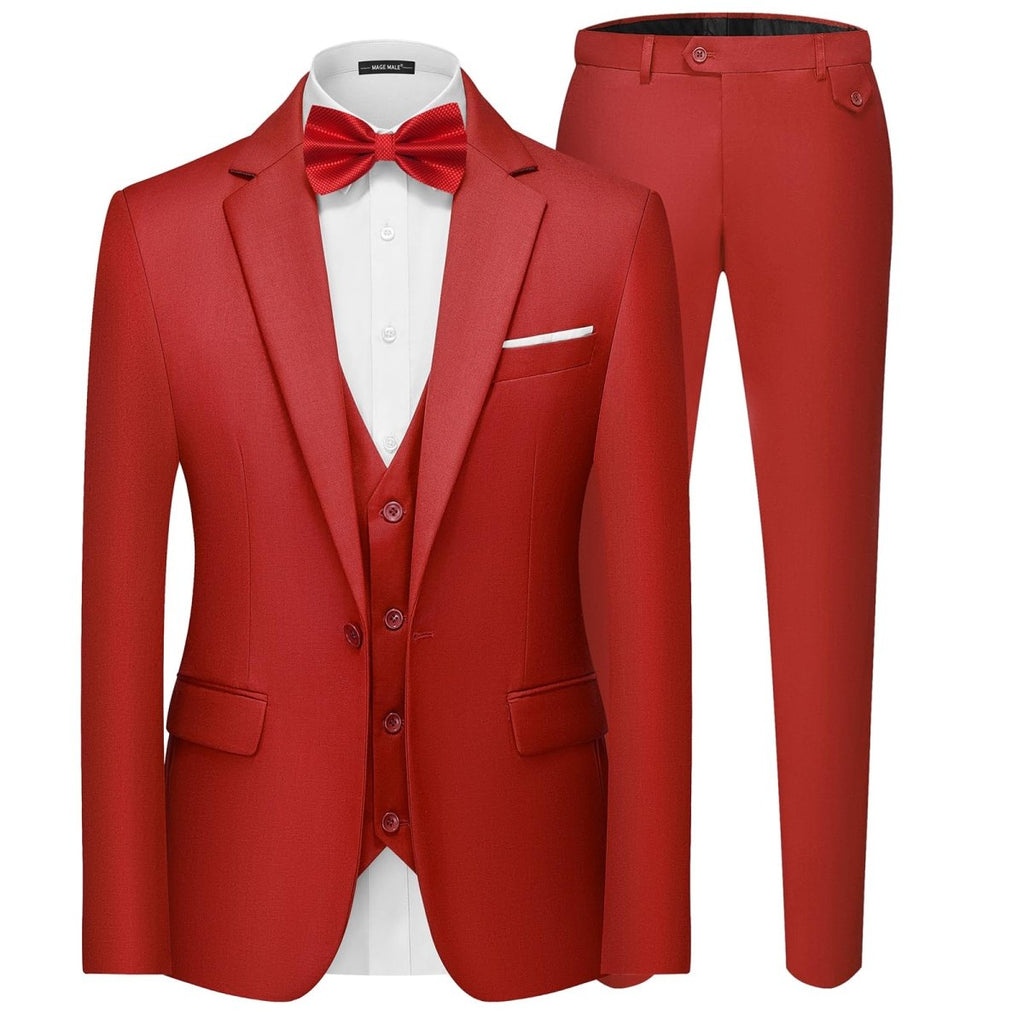 Men's black 3-piece slim fit suit with single-breasted blazer, vest, and pants, styled for formal and party occasions.