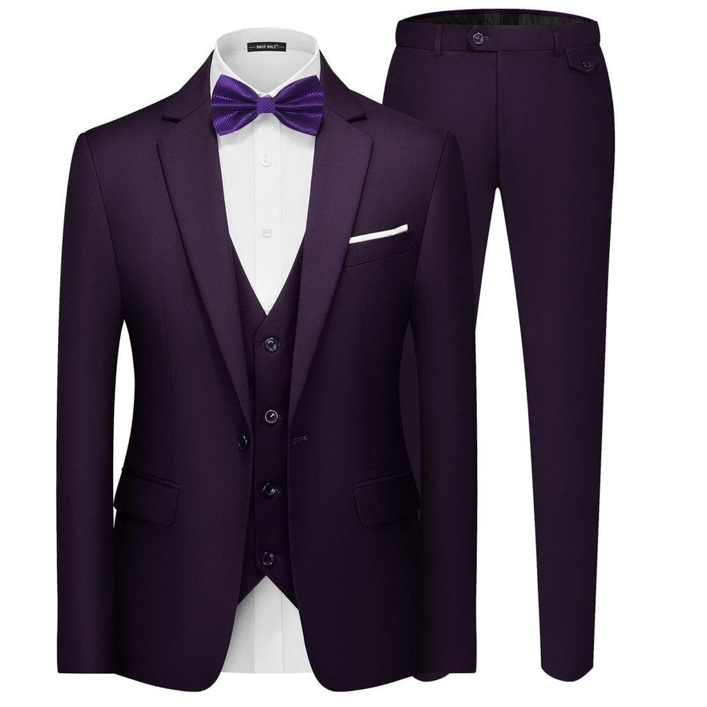 Men's black 3-piece slim fit suit with single-breasted blazer, vest, and pants, featuring a modern, elegant design.