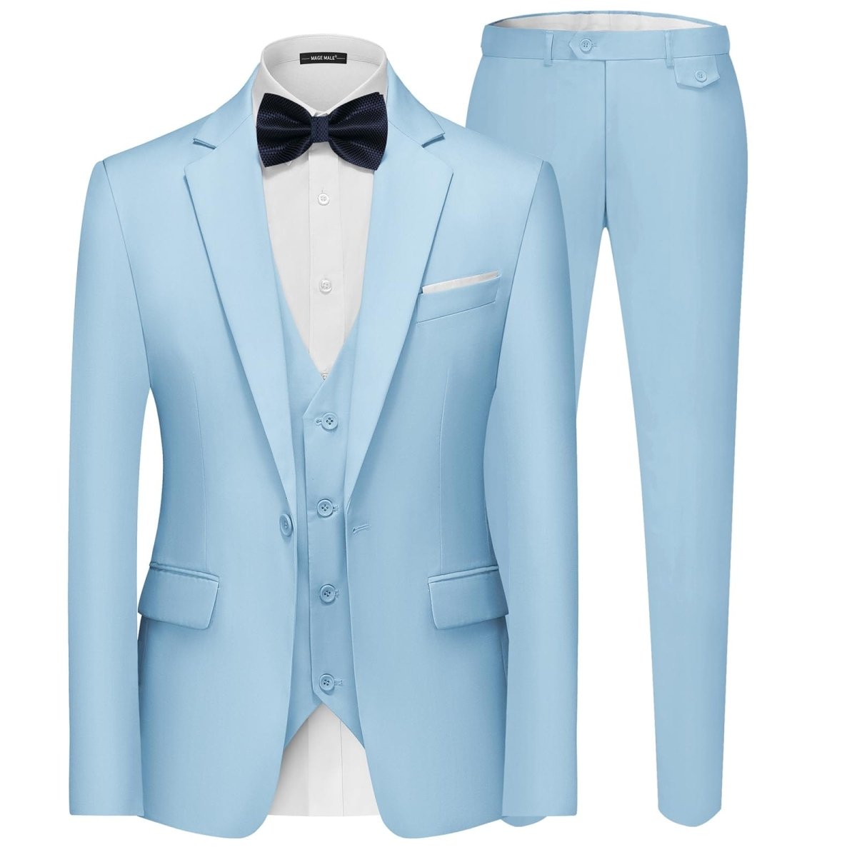 Men's black 3-piece slim fit suit with single-button blazer, vest, and pants, shown on a male model for formal occasions.