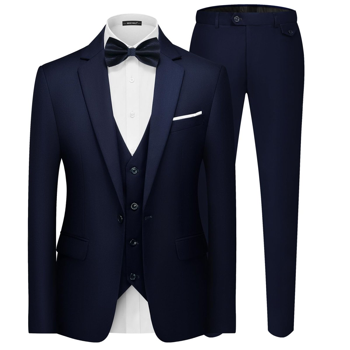 Men's black 3-piece slim fit suit with single-button blazer, vest, and pants, styled for formal or party occasions.
