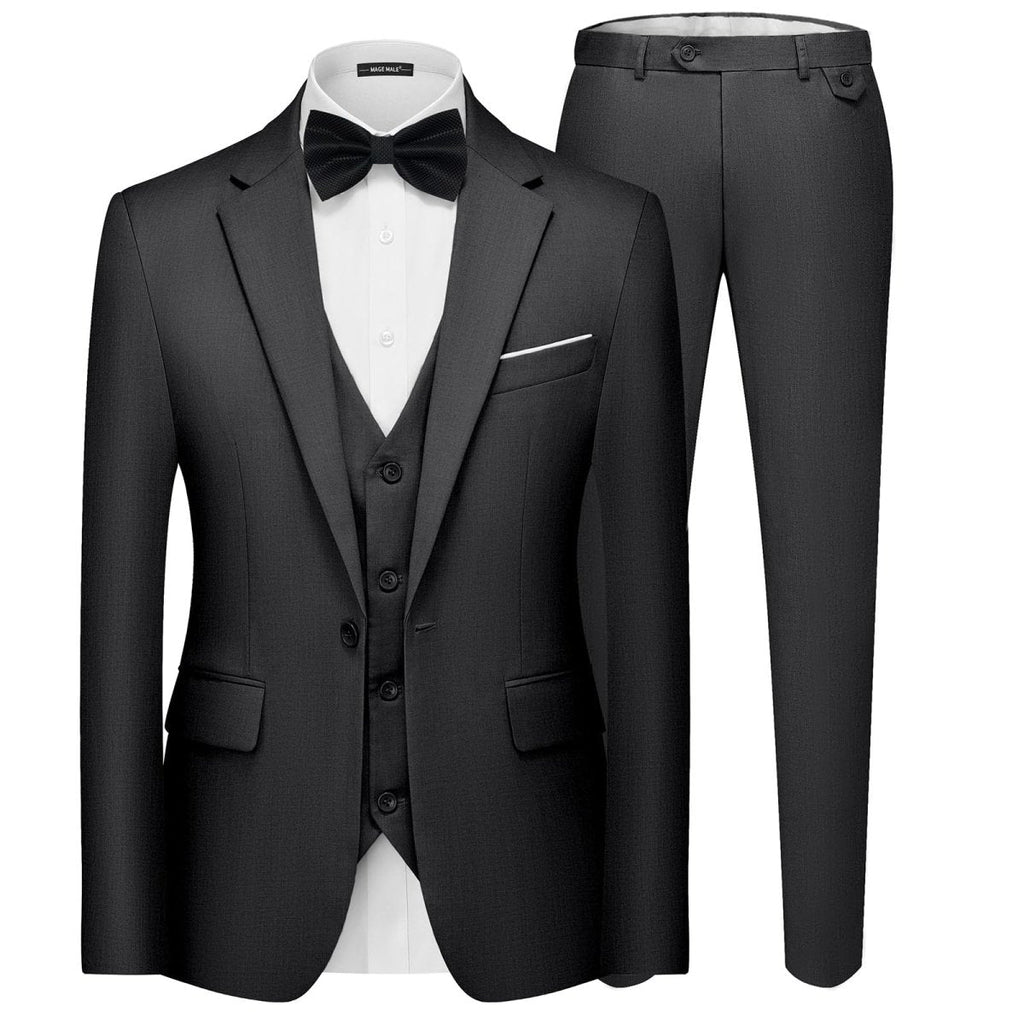 Men's black 3-piece slim fit suit by SHOWLU FASHION STORE, includes blazer, vest, and pants, ideal for formal or party wear.