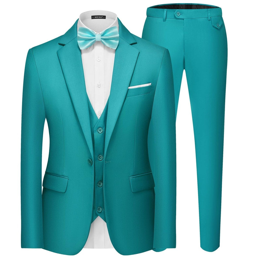 Men's black 3-piece slim fit suit with single-breasted blazer, vest, and pants from SHOWLU FASHION STORE for formal occasions.