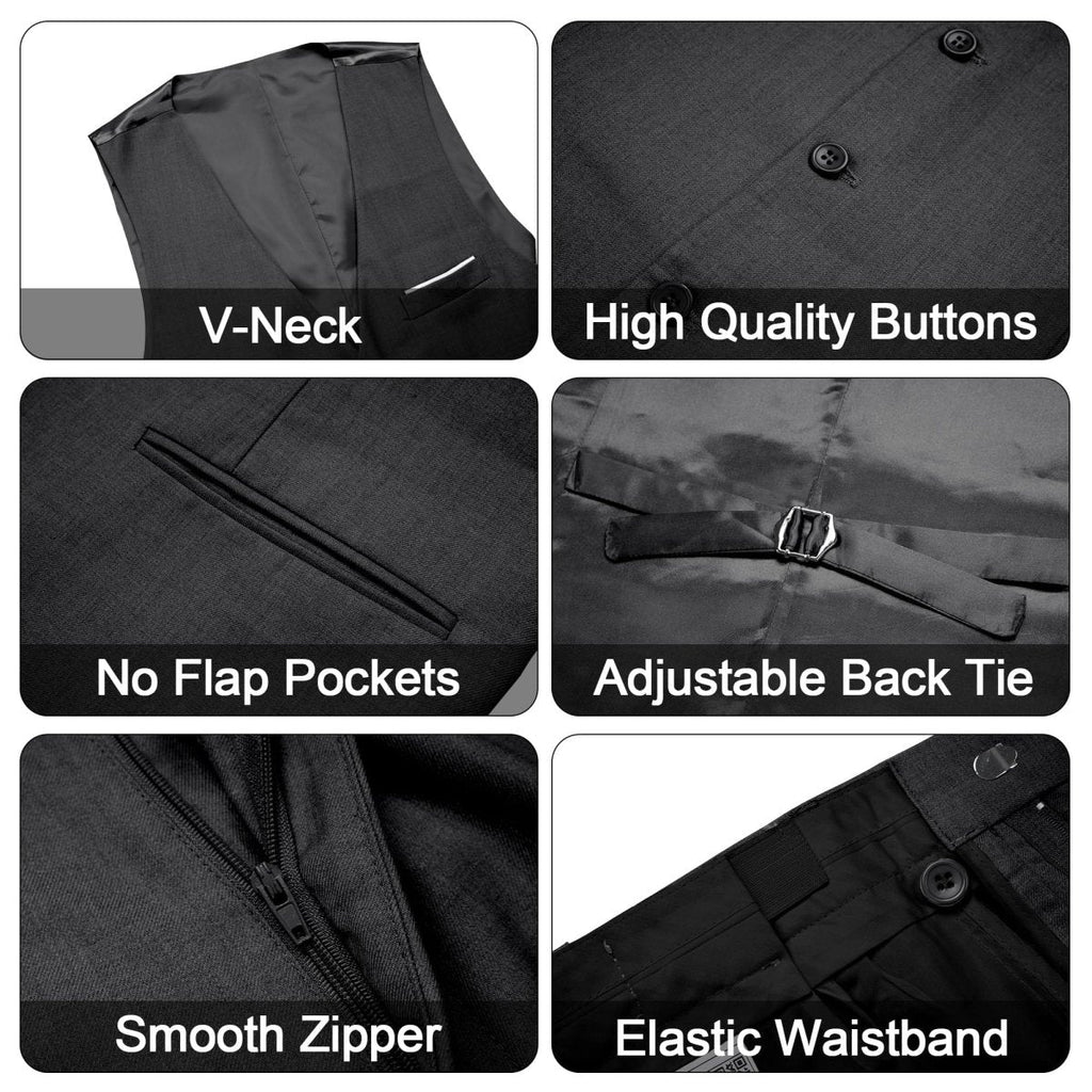 Men's black 3-piece slim fit suit with one-button blazer, vest, and matching pants, showcasing a stylish and elegant formal look.