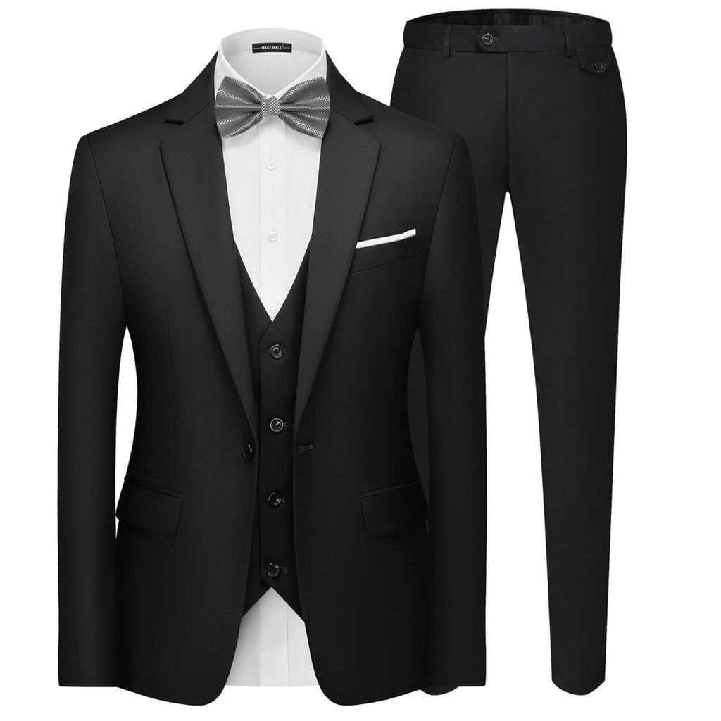 Men's black 3-piece slim fit suit with single-breasted blazer, vest, and pants, featuring a modern, elegant design.