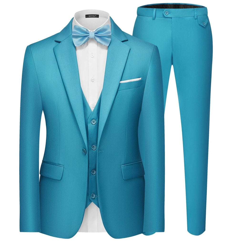 Men's black 3-piece slim fit suit with single-breasted blazer, vest, and pants, showcasing elegant formal attire.