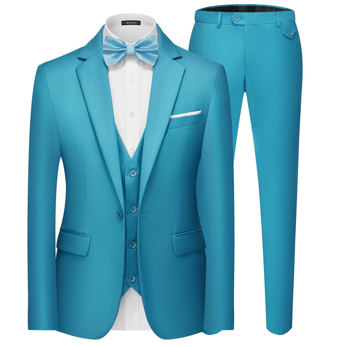 Men's black 3-piece slim fit suit with single-breasted blazer, vest, and pants, showcasing elegant formal attire.