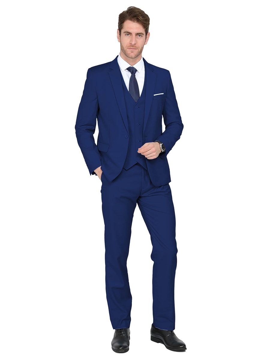 Men's black 3-piece slim fit suit by SHOWLU FASHION STORE, includes blazer, vest, and pants, perfect for formal or party occasions.