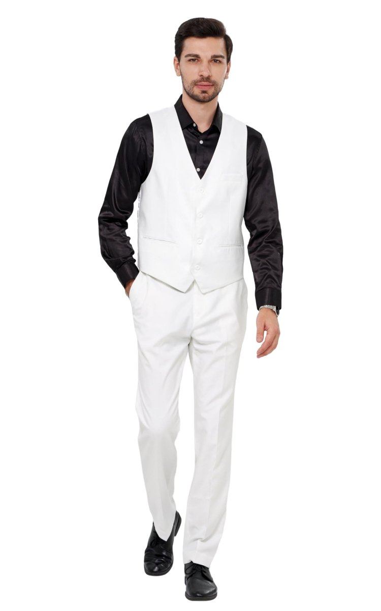 Black men's 3-piece slim fit suit with single-breasted blazer, vest, and pants, designed for formal and party occasions.