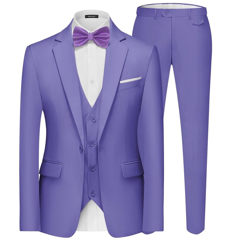 Black men's 3-piece slim fit suit with single-breasted blazer, vest, and pants, featuring a solid design and one-button closure.