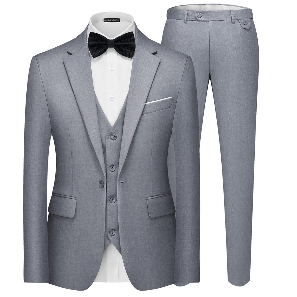Men's black 3-piece slim fit suit by SHOWLU FASHION STORE featuring a single-button blazer, vest, and tailored pants.