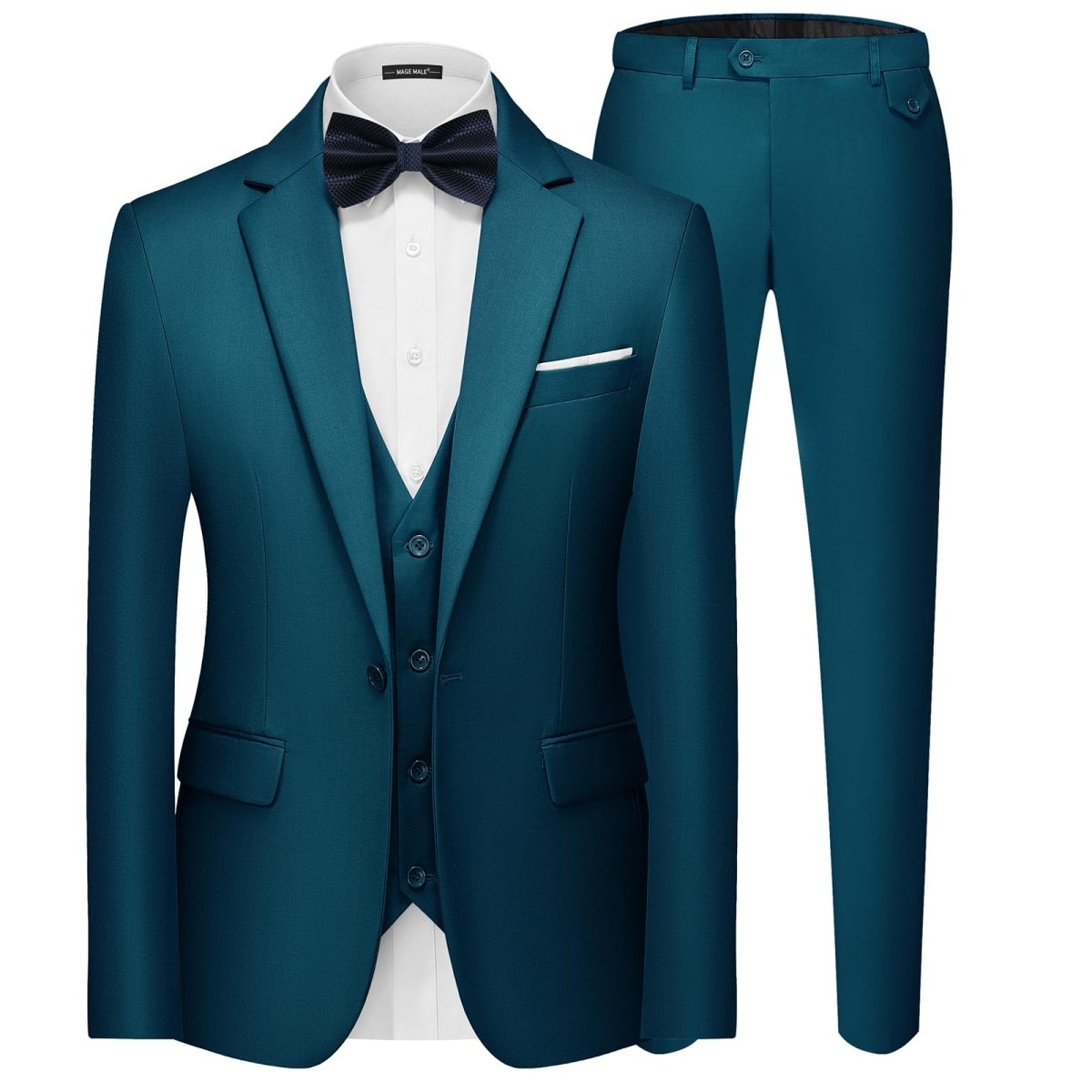 Men's black 3-piece slim fit suit by SHOWLU FASHION STORE, includes single-breasted blazer, vest, and matching pants.