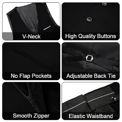 Elegant black men's 3-piece slim fit suit with single-breasted blazer, vest, and pants, stylish and tailored for formal occasions.