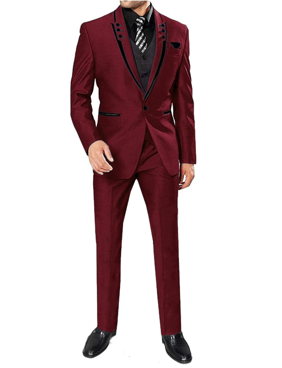 Kromoc Men's 3-Piece Skinny Fit Suit with tuxedo jacket, vest, and pants, ideal for business or wedding occasions.