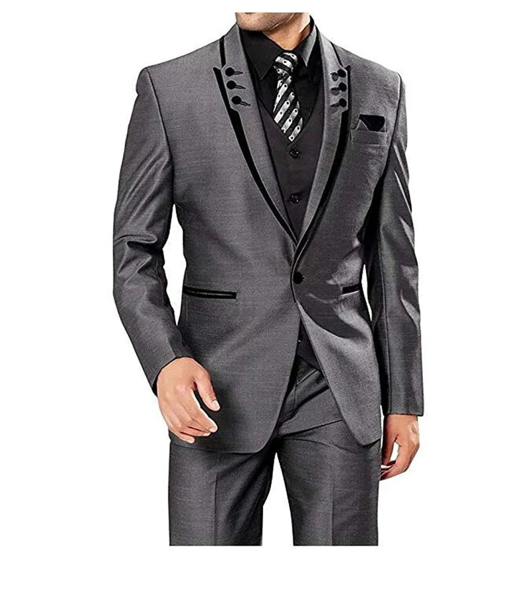 Kromoc men's 3-piece skinny fit suit in cotton wool for business and weddings, including jacket, vest, and pants, stylish and modern.