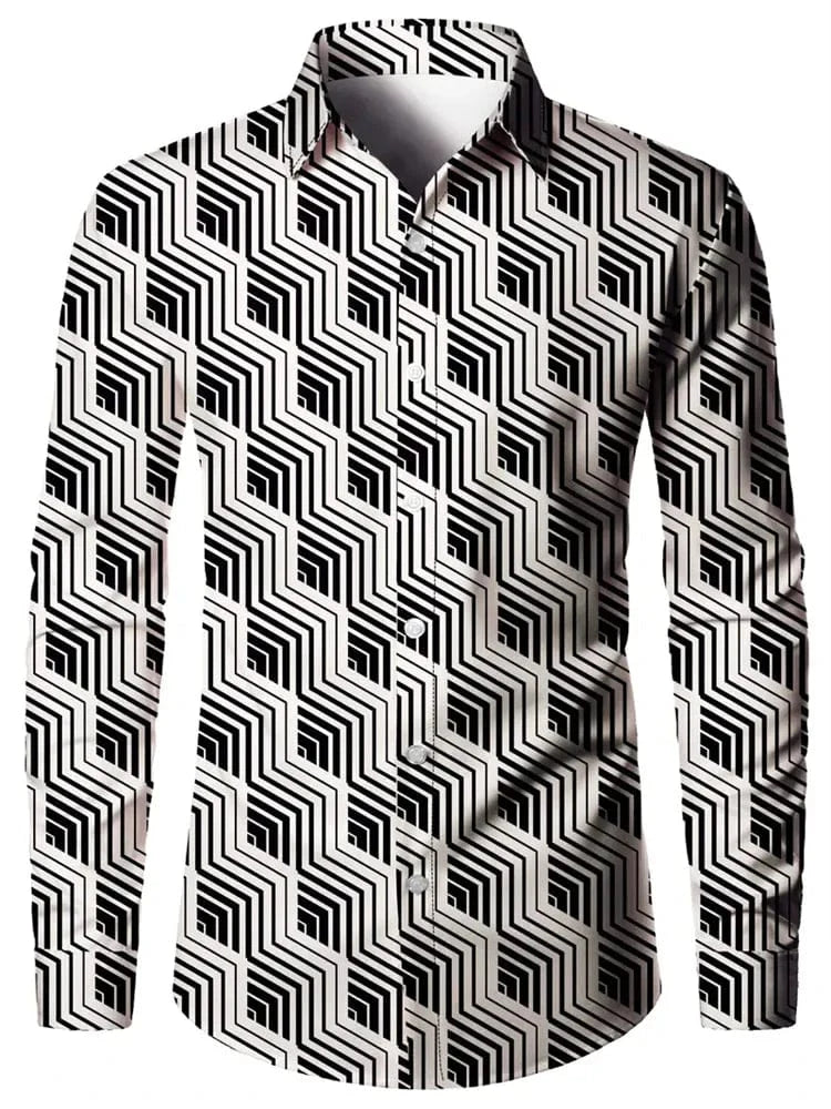 Men's 3D textured printed casual shirt with long sleeves, buttoned front, and lapel collar, ideal for autumn and casual parties.