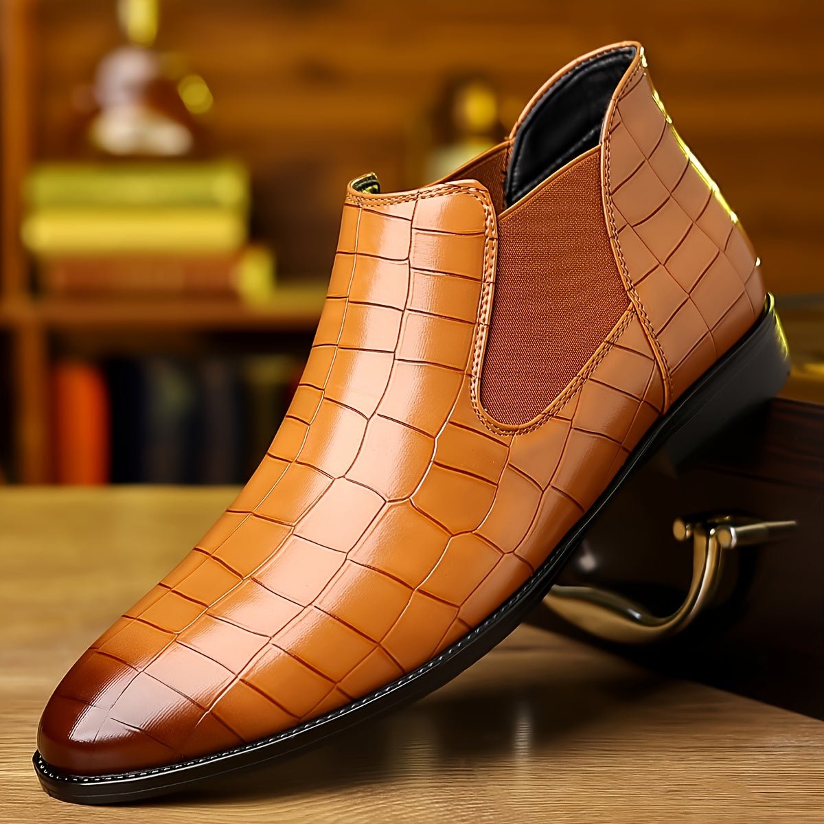 SHOWLU FASHION men's plaid slip-on ankle boots with faux leather uppers, rubber soles, stylish design, and comfortable fit.