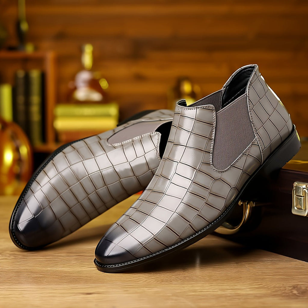 SHOWLU FASHION men's plaid slip-on ankle boots with faux leather upper, rubber sole, and stylish design for office or casual wear.