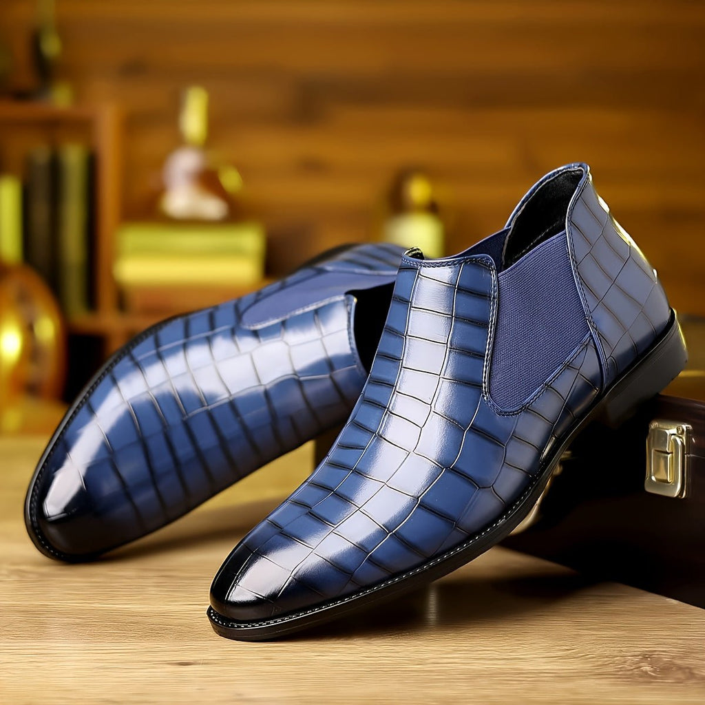 SHOWLU FASHION men's plaid slip-on ankle boots with faux leather upper, rubber sole, stylish design, ideal for office and casual wear.