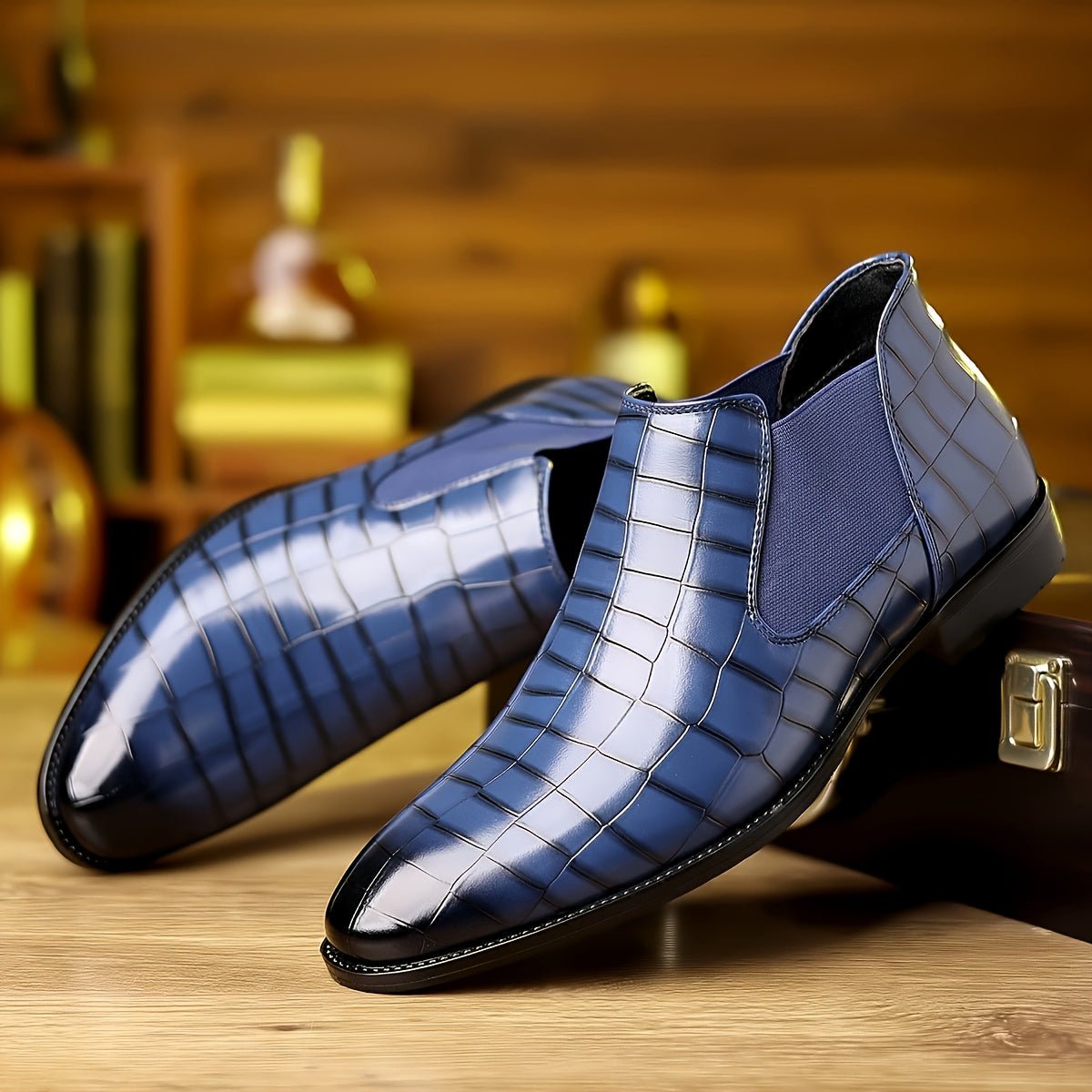 SHOWLU FASHION men's plaid slip-on ankle boots with faux leather upper, rubber sole, stylish design, ideal for office and casual wear.