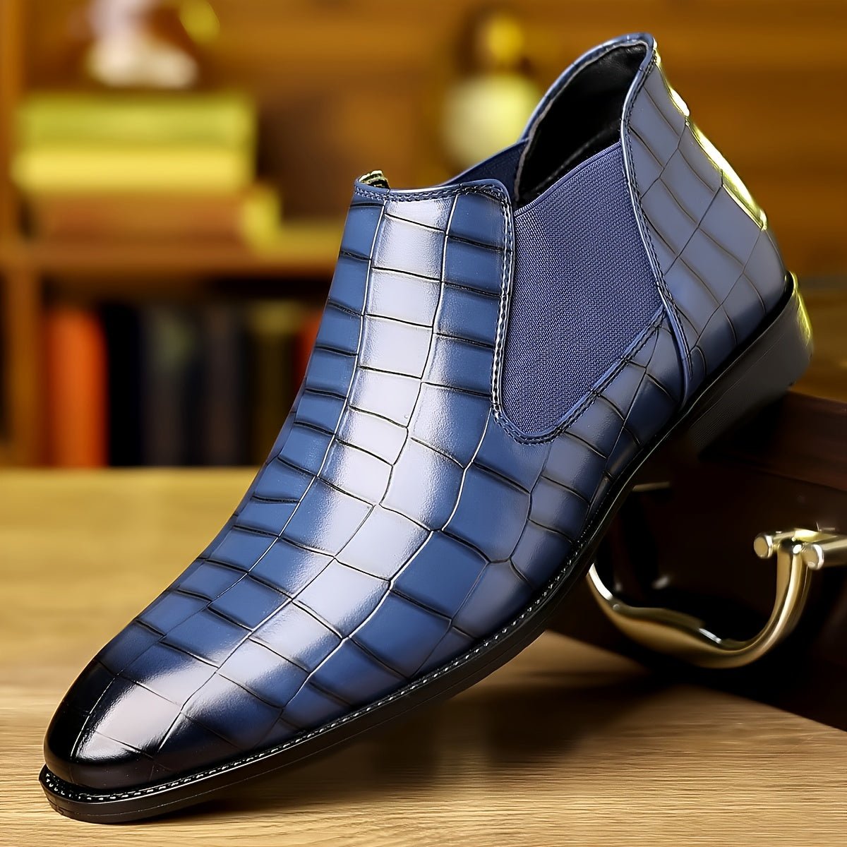 SHOWLU FASHION men's plaid slip-on ankle boots with faux leather upper, rubber sole, stylish design, perfect for office and casual wear.
