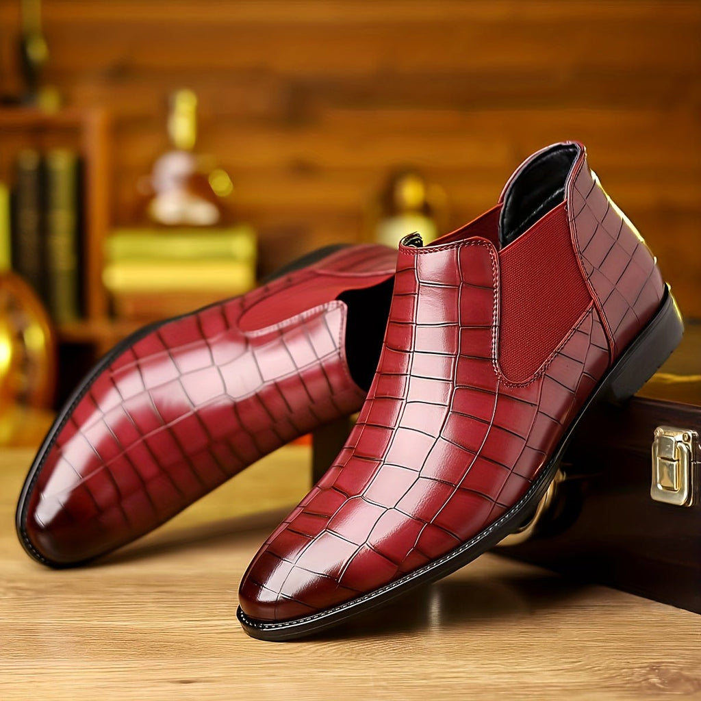 Men's plaid slip-on ankle boots by SHOWLU FASHION, featuring faux leather upper, rubber sole, and stylish office-ready design.