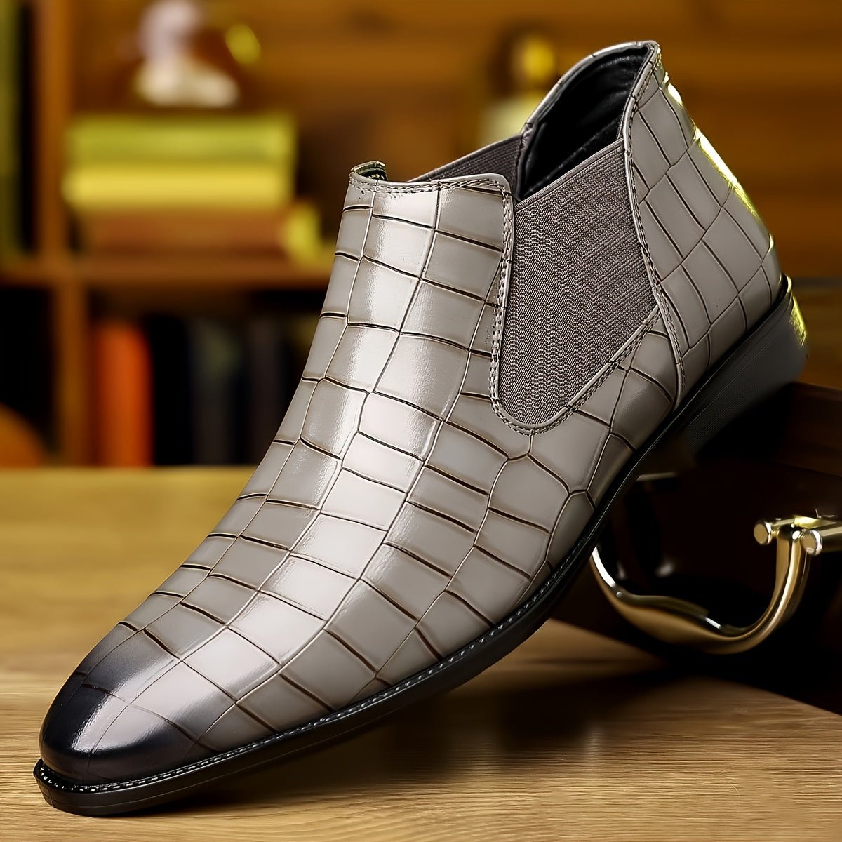 SHOWLU FASHION men's plaid slip-on ankle boots with faux leather upper, rubber sole, and stylish design for office and casual wear.