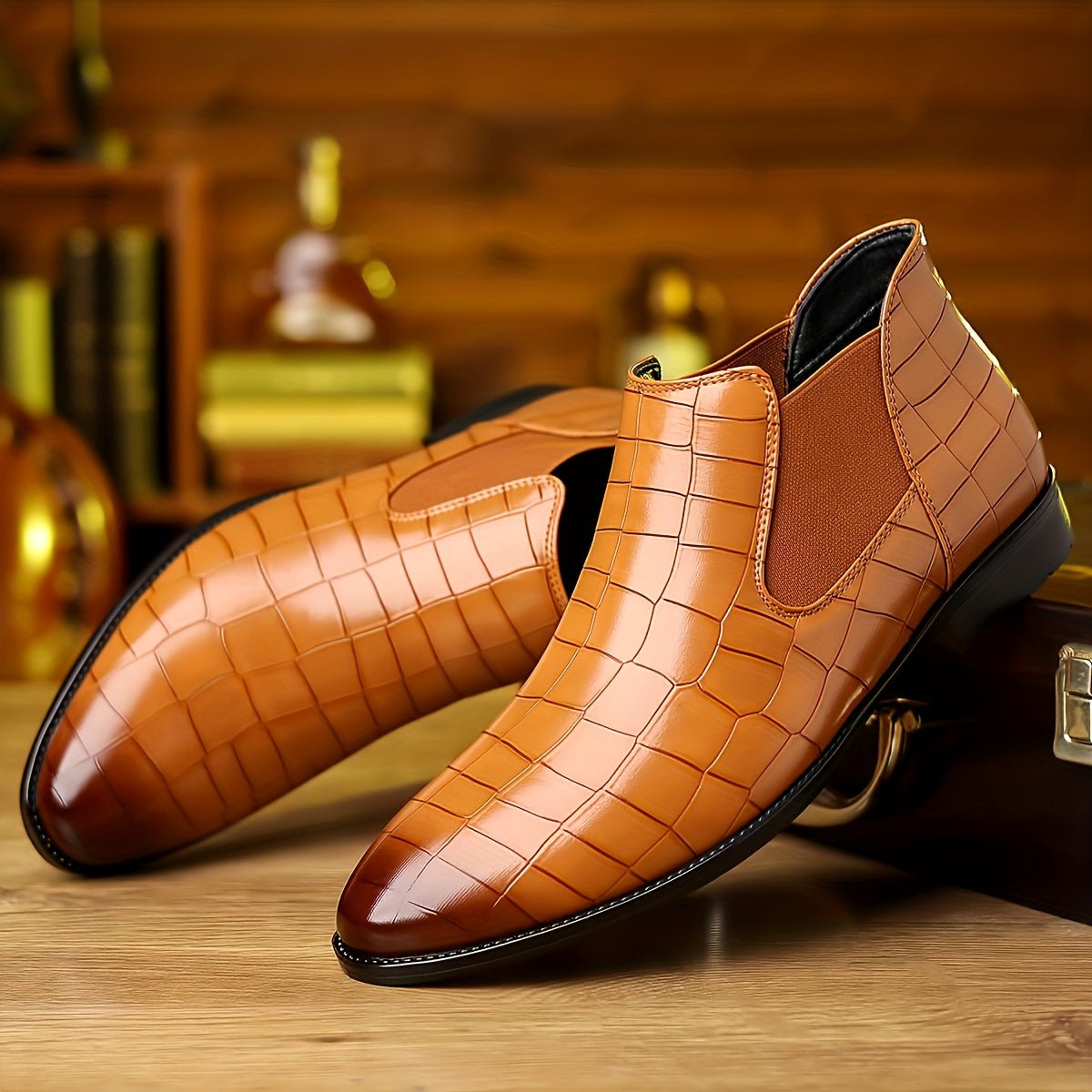 Men's plaid slip-on ankle boots by SHOWLU FASHION with faux leather upper, rubber sole, and stylish design for office and casual wear.