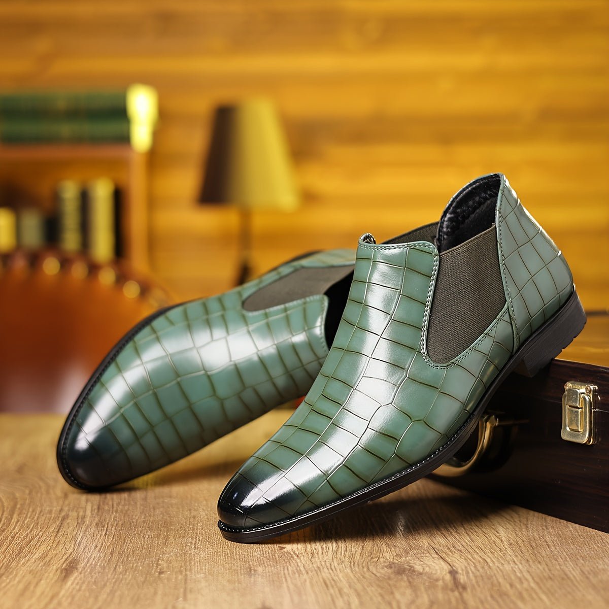 SHOWLU FASHION men's plaid slip-on ankle boots with faux leather upper, rubber sole, and stylish design for office or casual wear.
