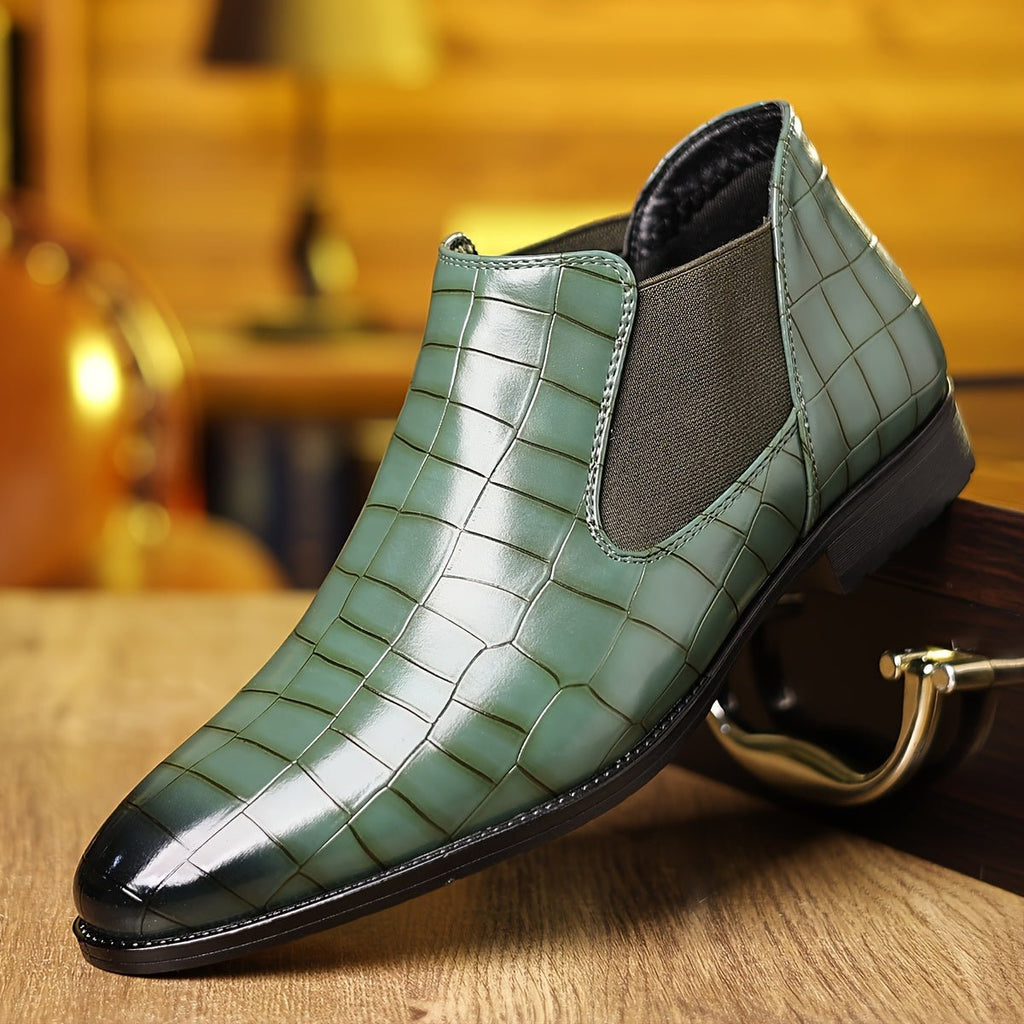 SHOWLU FASHION men's plaid slip-on ankle boots with faux leather upper, rubber sole, and stylish design for office and casual wear.