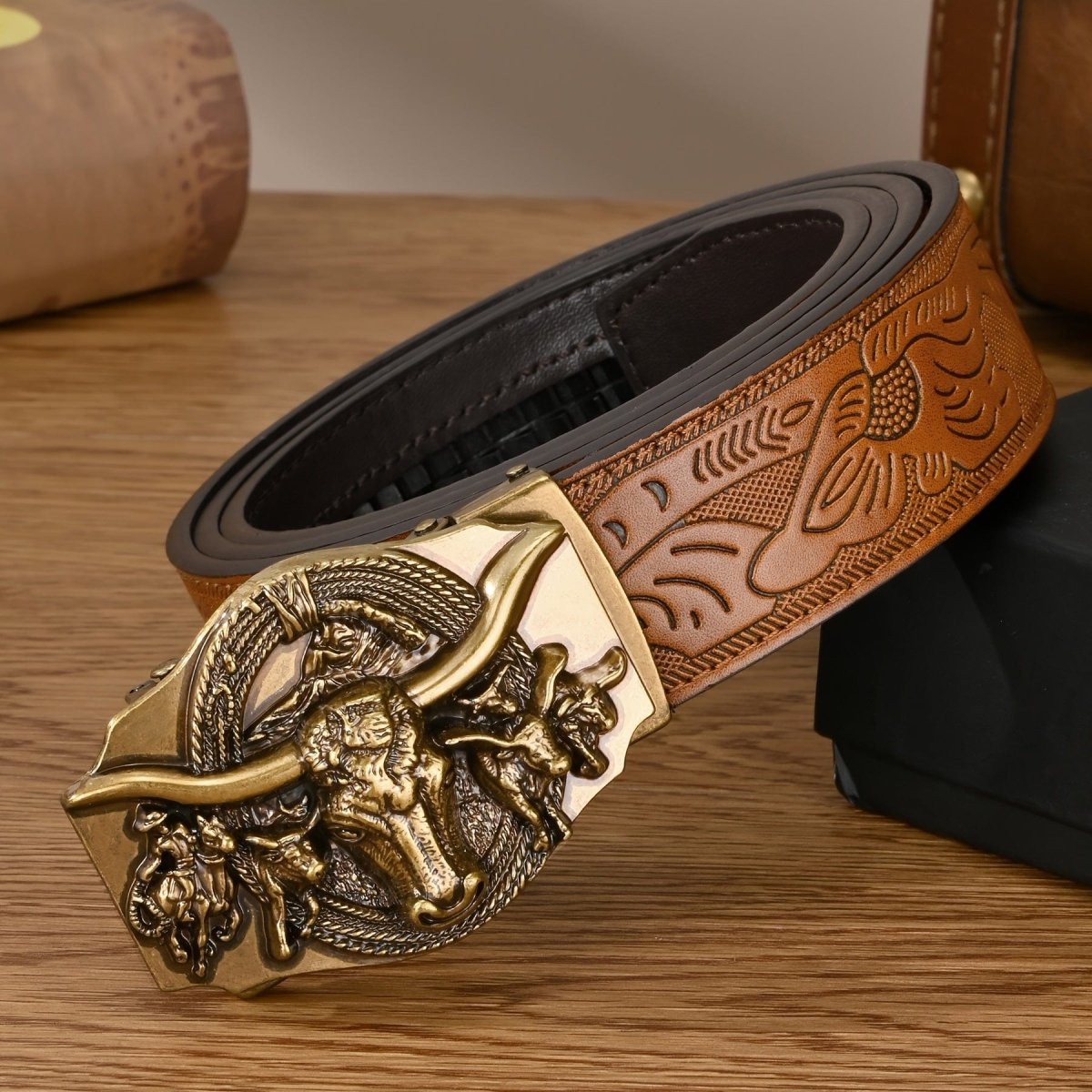LCG LUCHENGYI men's ratchet belt with Western cowboy-style PU leather and automatic buckle, featuring a slide design.