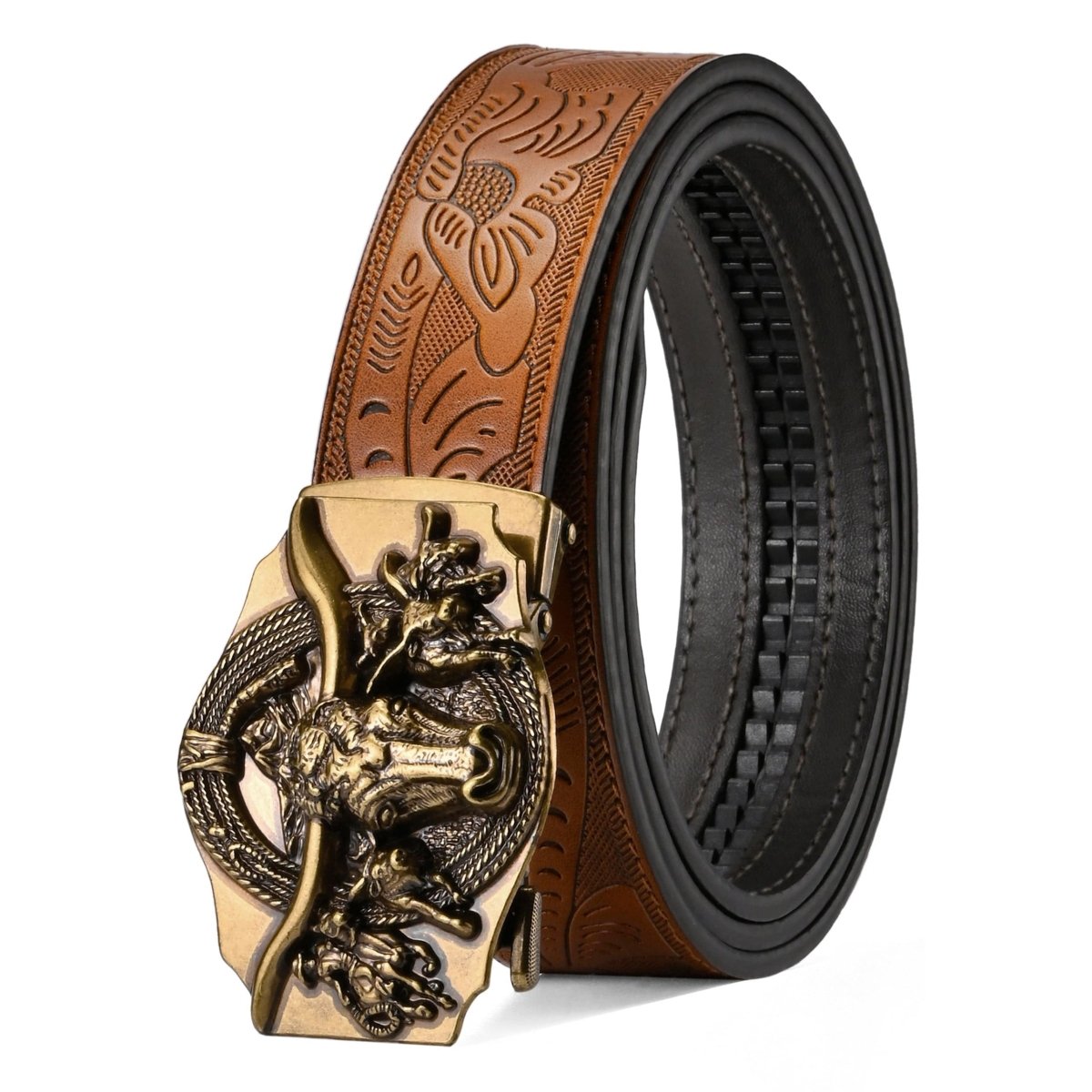 Men's LCG LUCHENGYI ratchet belt with Western cowboy-style PU leather and automatic click buckle, showcasing a stylish design.