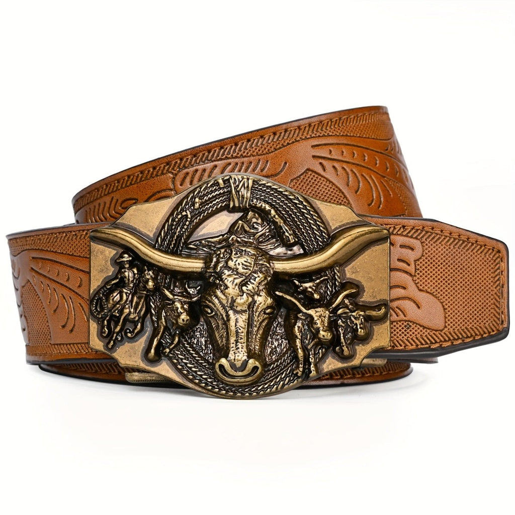 LCG LUCHENGYI men's ratchet belt with western cowboy style, premium PU leather and automatic buckle for a stylish fit.