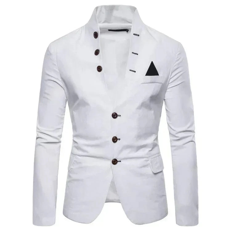 Showlu men's slim fit casual blazer with stand collar, multi-button detail, solid color, suitable for dress, stage, or party wear.