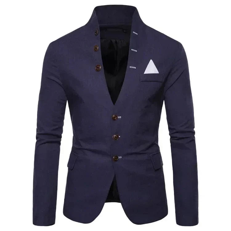 Men's slim fit Showlu men's blazer with stand collar, multi-button detail, casual cotton fabric, solid color, suitable for dress or party.